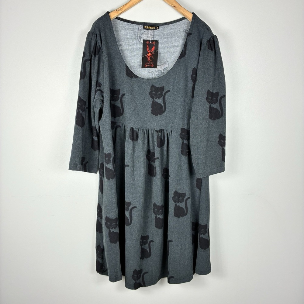 Womens Cat Print Dress Babydoll Women's 2X Gray Long Sleeve Halloween Witchy New